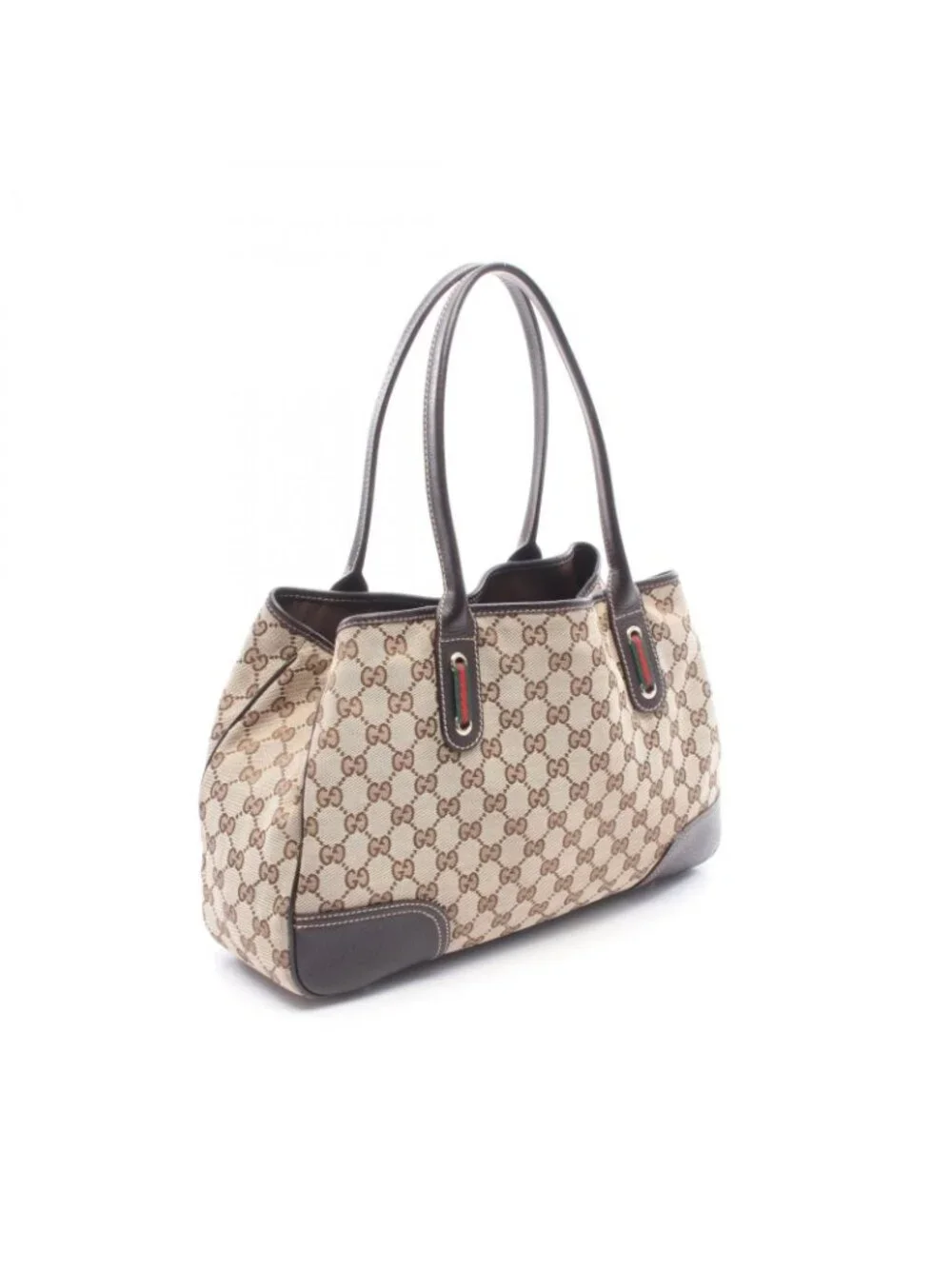 Gucci Tote Prince Sherry Line Beige Dark Brown Canvas Leather Ribbon